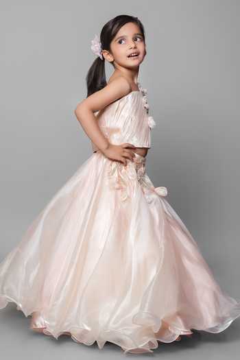 Jingle Bells_Peach Tissue Hand Embroidered Blouse And Lehenga Set _Online_at_Aza_Fashions