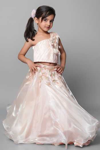 Buy_Jingle Bells_Peach Tissue Hand Embroidered Blouse And Lehenga Set _at_Aza_Fashions