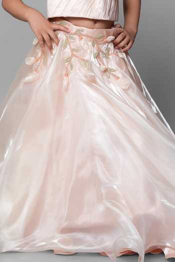 Jingle Bells_Peach Tissue Hand Embroidered Blouse And Lehenga Set _at_Aza_Fashions