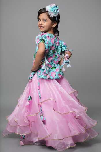 Buy_Jingle Bells_Pink Cotton, Tissue Ruffle Lehenga And Blouse Set _Online_at_Aza_Fashions