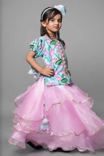 Shop_Jingle Bells_Pink Cotton, Tissue Ruffle Lehenga And Blouse Set _Online_at_Aza_Fashions