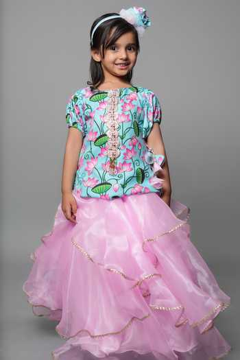 Buy_Jingle Bells_Pink Cotton, Tissue Ruffle Lehenga And Blouse Set _at_Aza_Fashions