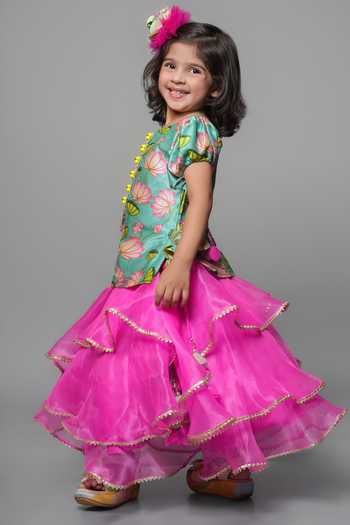 Jingle Bells_Pink Cotton, Tissue Lotus Print Top And Lehenga Set _Online_at_Aza_Fashions