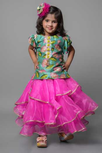 Buy_Jingle Bells_Pink Cotton, Tissue Lotus Print Top And Lehenga Set _at_Aza_Fashions
