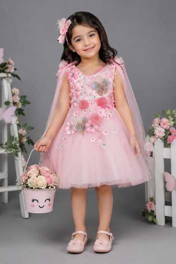 Buy_Jingle Bells_Pink Net Flower Embroidered Dress _at_Aza_Fashions