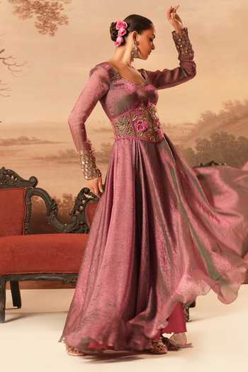 Kiran Kalsi_Pink Silk, Jacquard Embroidery, Stones Sweetheart Neck Hand Gown And Belt Set _Online_at_Aza_Fashions
