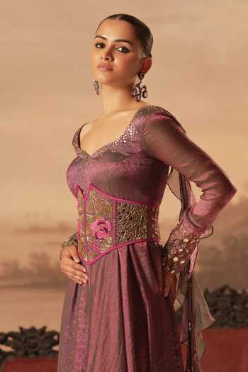 Buy_Kiran Kalsi_Pink Silk, Jacquard Embroidery, Stones Sweetheart Neck Hand Gown And Belt Set _Online_at_Aza_Fashions