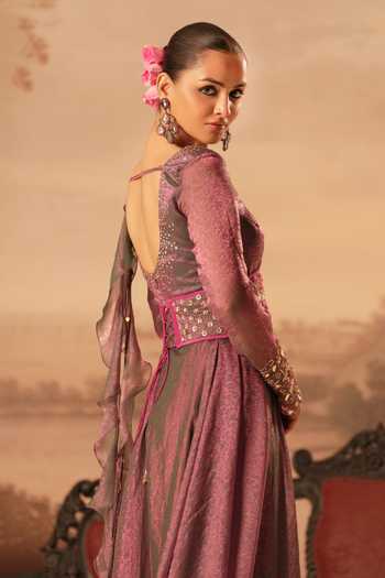 Shop_Kiran Kalsi_Pink Silk, Jacquard Embroidery, Stones Sweetheart Neck Hand Gown And Belt Set _Online_at_Aza_Fashions