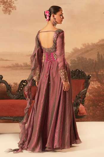 Shop_Kiran Kalsi_Pink Silk, Jacquard Embroidery, Stones Sweetheart Neck Hand Gown And Belt Set _at_Aza_Fashions