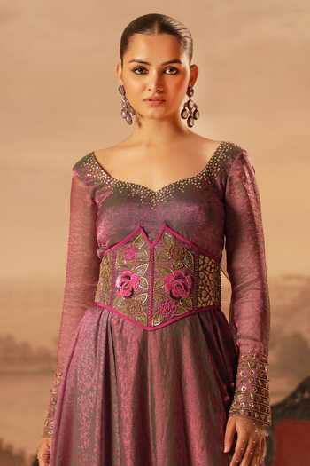 Kiran Kalsi_Pink Silk, Jacquard Embroidery, Stones Sweetheart Neck Hand Gown And Belt Set _at_Aza_Fashions