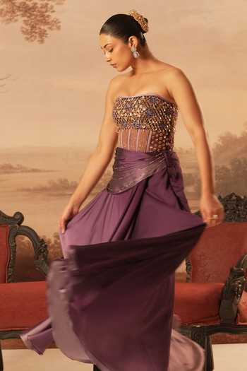 Kiran Kalsi_Purple Organza, Satin Bandeau Neck Hand Embroidered Blouse Lehenga Set _at_Aza_Fashions