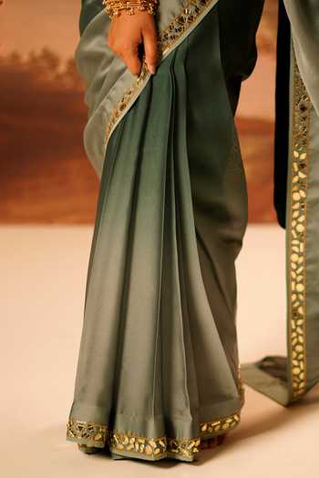 Kiran Kalsi_Green Organza, Satin V-neck Embroidered Saree And Blouse Set _Online_at_Aza_Fashions