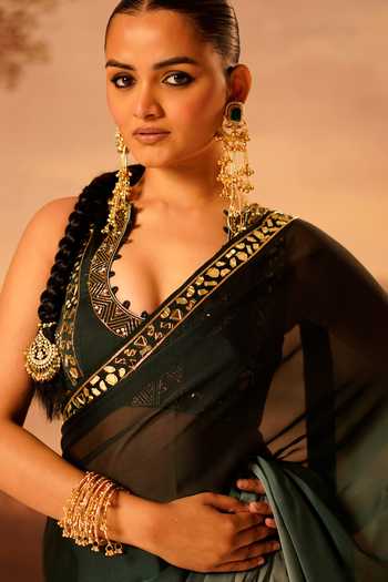Buy_Kiran Kalsi_Green Organza, Satin V-neck Embroidered Saree And Blouse Set _Online_at_Aza_Fashions