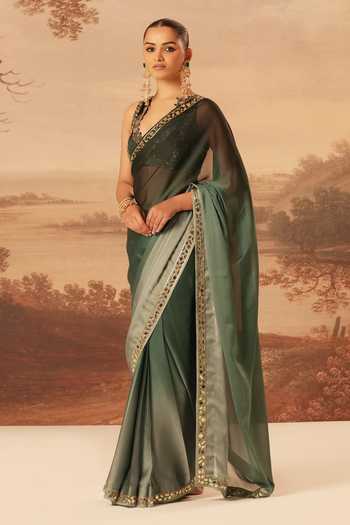 Kiran Kalsi_Green Organza, Satin V-neck Embroidered Saree And Blouse Set _at_Aza_Fashions