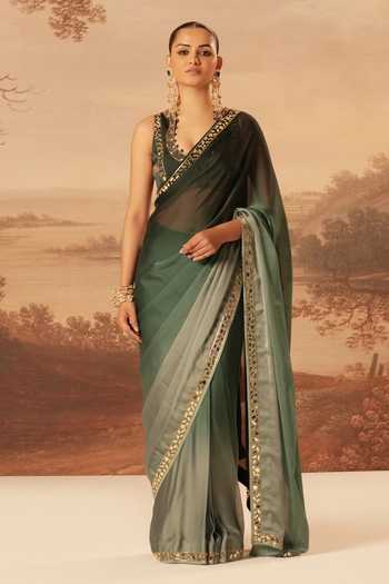 Buy_Kiran Kalsi_Green Organza, Satin V-neck Embroidered Saree And Blouse Set 