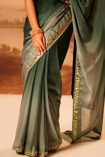 Shop_Kiran Kalsi_Green Organza, Satin V-neck Embroidered Saree And Blouse Set 