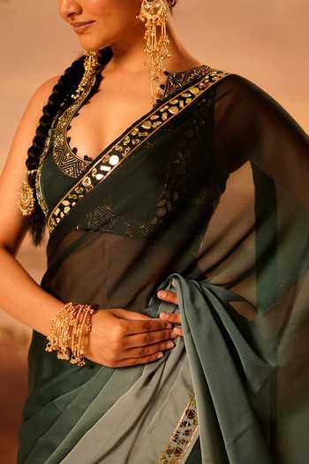 Kiran Kalsi_Green Organza, Satin V-neck Embroidered Saree And Blouse Set _Online