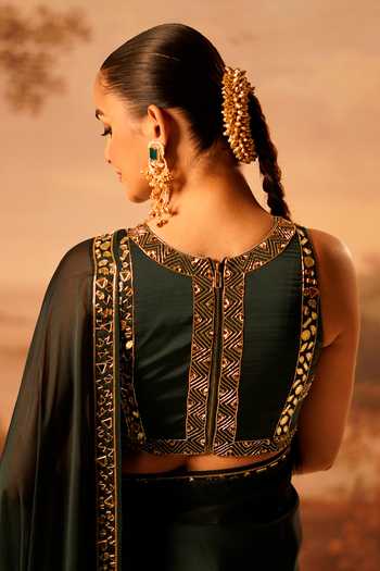 Shop_Kiran Kalsi_Green Organza, Satin V-neck Embroidered Saree And Blouse Set _Online