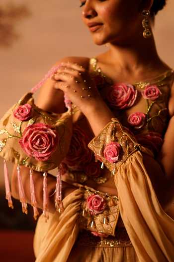 Kiran Kalsi_Beige Silk, Net Halter Neck Embroidered Mermaid Cut Lehenga Set _Online_at_Aza_Fashions