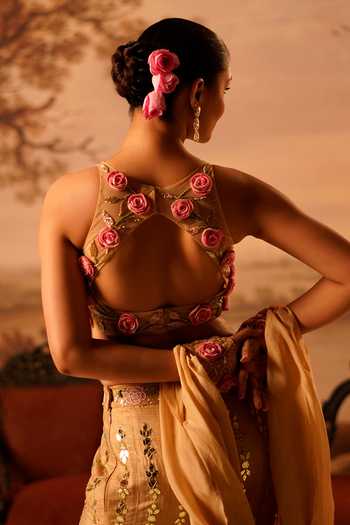 Buy_Kiran Kalsi_Beige Silk, Net Halter Neck Embroidered Mermaid Cut Lehenga Set _Online_at_Aza_Fashions