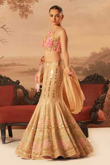 Shop_Kiran Kalsi_Beige Silk, Net Halter Neck Embroidered Mermaid Cut Lehenga Set _Online_at_Aza_Fashions