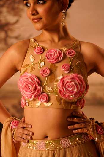 Kiran Kalsi_Beige Silk, Net Halter Neck Embroidered Mermaid Cut Lehenga Set _at_Aza_Fashions