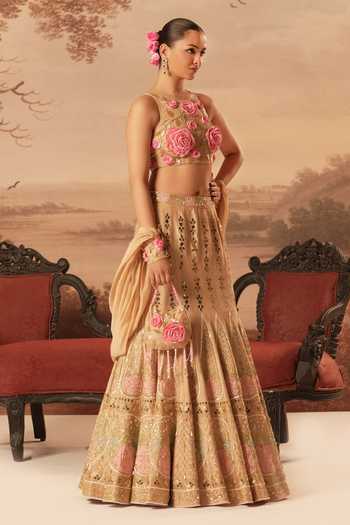 Shop_Kiran Kalsi_Beige Silk, Net Halter Neck Embroidered Mermaid Cut Lehenga Set 