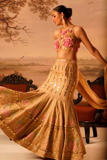 Kiran Kalsi_Beige Silk, Net Halter Neck Embroidered Mermaid Cut Lehenga Set _Online