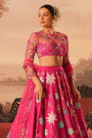Kiran Kalsi_Pink Silk, Net Round Neck Hand Embroidered Lehenga Set _Online_at_Aza_Fashions