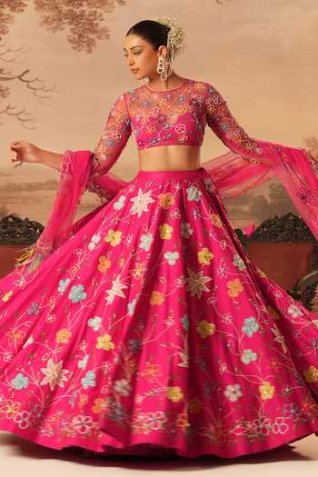 Buy_Kiran Kalsi_Pink Silk, Net Round Neck Hand Embroidered Lehenga Set _Online_at_Aza_Fashions
