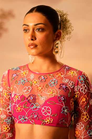 Shop_Kiran Kalsi_Pink Silk, Net Round Neck Hand Embroidered Lehenga Set _Online_at_Aza_Fashions