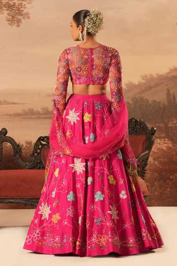Shop_Kiran Kalsi_Pink Silk, Net Round Neck Hand Embroidered Lehenga Set _at_Aza_Fashions