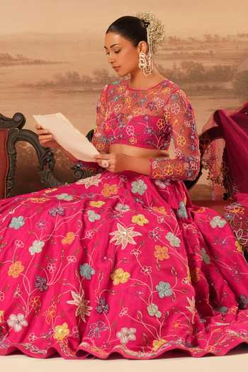 Buy_Kiran Kalsi_Pink Silk, Net Round Neck Hand Embroidered Lehenga Set 