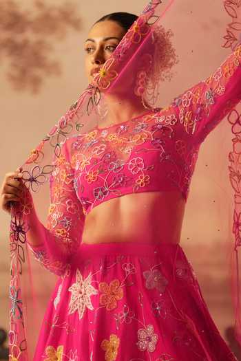 Shop_Kiran Kalsi_Pink Silk, Net Round Neck Hand Embroidered Lehenga Set 