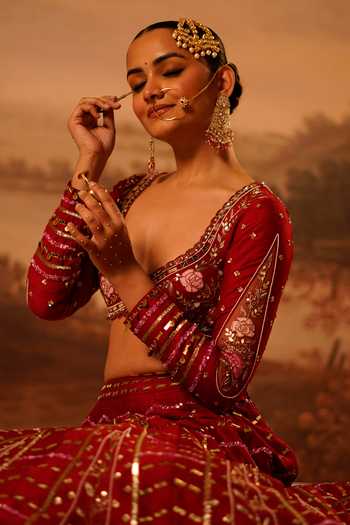Buy_Kiran Kalsi_Red Silk, Net Sweetheart Neck Hand Embroidered Bridal Lehenga Set _Online_at_Aza_Fashions