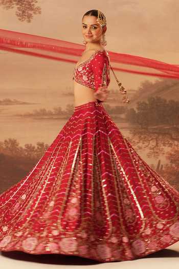 Shop_Kiran Kalsi_Red Silk, Net Sweetheart Neck Hand Embroidered Bridal Lehenga Set _at_Aza_Fashions