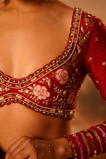 Shop_Kiran Kalsi_Red Silk, Net Sweetheart Neck Hand Embroidered Bridal Lehenga Set _Online_at_Aza_Fashions