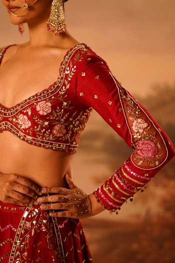 Kiran Kalsi_Red Silk, Net Sweetheart Neck Hand Embroidered Bridal Lehenga Set _at_Aza_Fashions