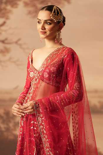 Buy_Kiran Kalsi_Red Silk, Net Sweetheart Neck Hand Embroidered Bridal Lehenga Set 