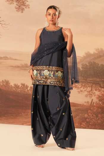 Buy_Kiran Kalsi_Navy Taffeta Embroidered Kurta Set _at_Aza_Fashions