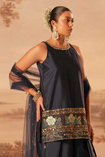Shop_Kiran Kalsi_Navy Taffeta Embroidered Kurta Set _Online_at_Aza_Fashions