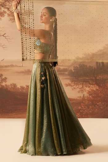 Kiran Kalsi_Blue Silk, Jacquard Sweetheart Neck Hand Embroidered Lehenga Set _Online_at_Aza_Fashions