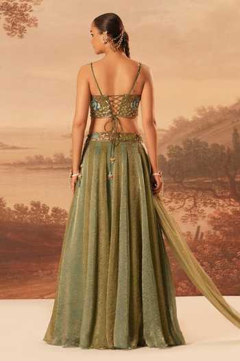 Shop_Kiran Kalsi_Blue Silk, Jacquard Sweetheart Neck Hand Embroidered Lehenga Set _at_Aza_Fashions