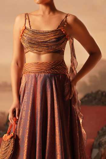 Buy_Kiran Kalsi_Purple Silk, Jacquard Square Neck Hand Embroidered Lehenga Set _Online_at_Aza_Fashions