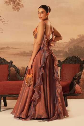 Shop_Kiran Kalsi_Purple Silk, Jacquard Square Neck Hand Embroidered Lehenga Set 