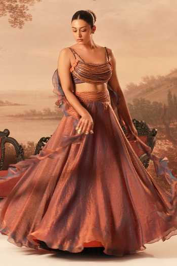 Kiran Kalsi_Purple Silk, Jacquard Square Neck Hand Embroidered Lehenga Set _Online