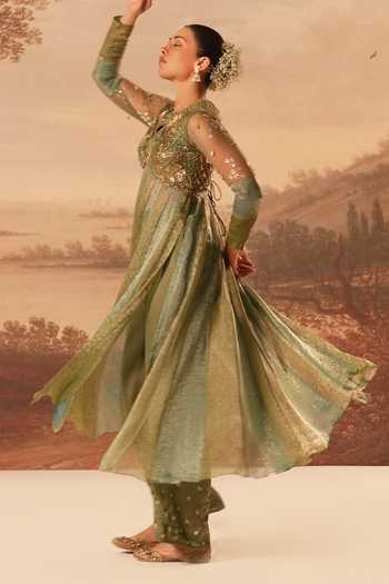 Kiran Kalsi_Blue Silk, Jacquard Keyhole Neck Hand Embroidered Anarkali Set _Online_at_Aza_Fashions