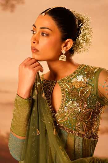 Buy_Kiran Kalsi_Blue Silk, Jacquard Keyhole Neck Hand Embroidered Anarkali Set _Online_at_Aza_Fashions