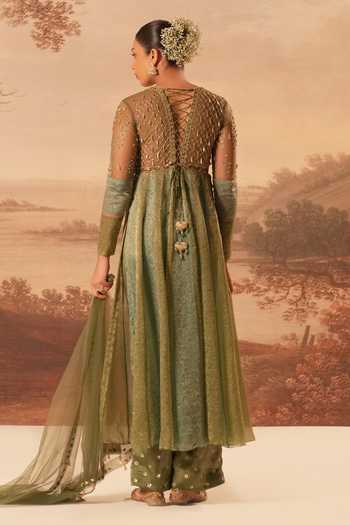Shop_Kiran Kalsi_Blue Silk, Jacquard Keyhole Neck Hand Embroidered Anarkali Set _at_Aza_Fashions