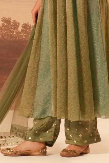 Shop_Kiran Kalsi_Blue Silk, Jacquard Keyhole Neck Hand Embroidered Anarkali Set _Online_at_Aza_Fashions